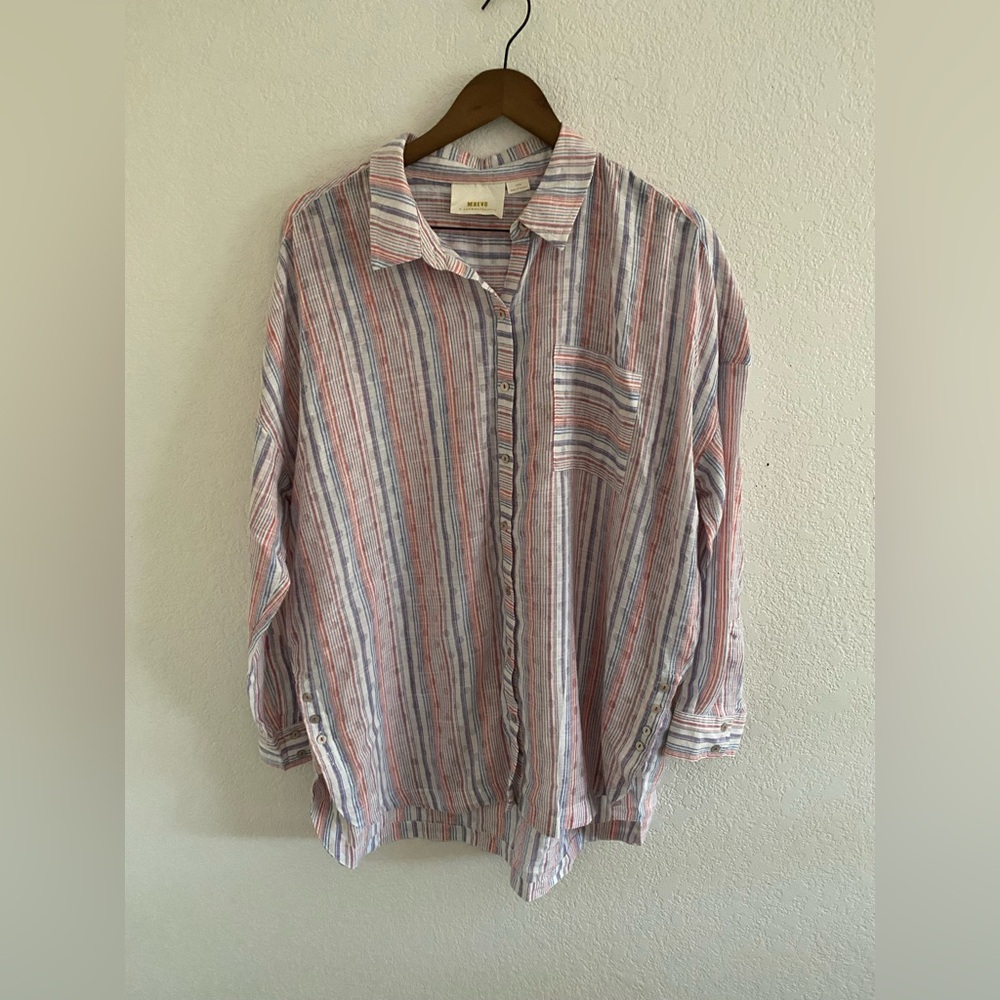 Maeve Anthropologie Breckenridge Striped Polka Dot Button Boho Shirt Size Large